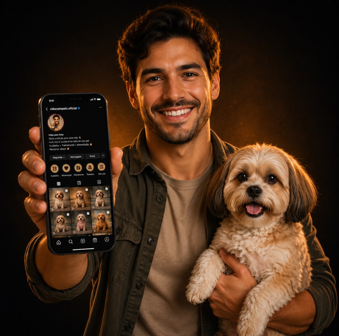 Avatar de IA do nicho pet mostrando o Instagram