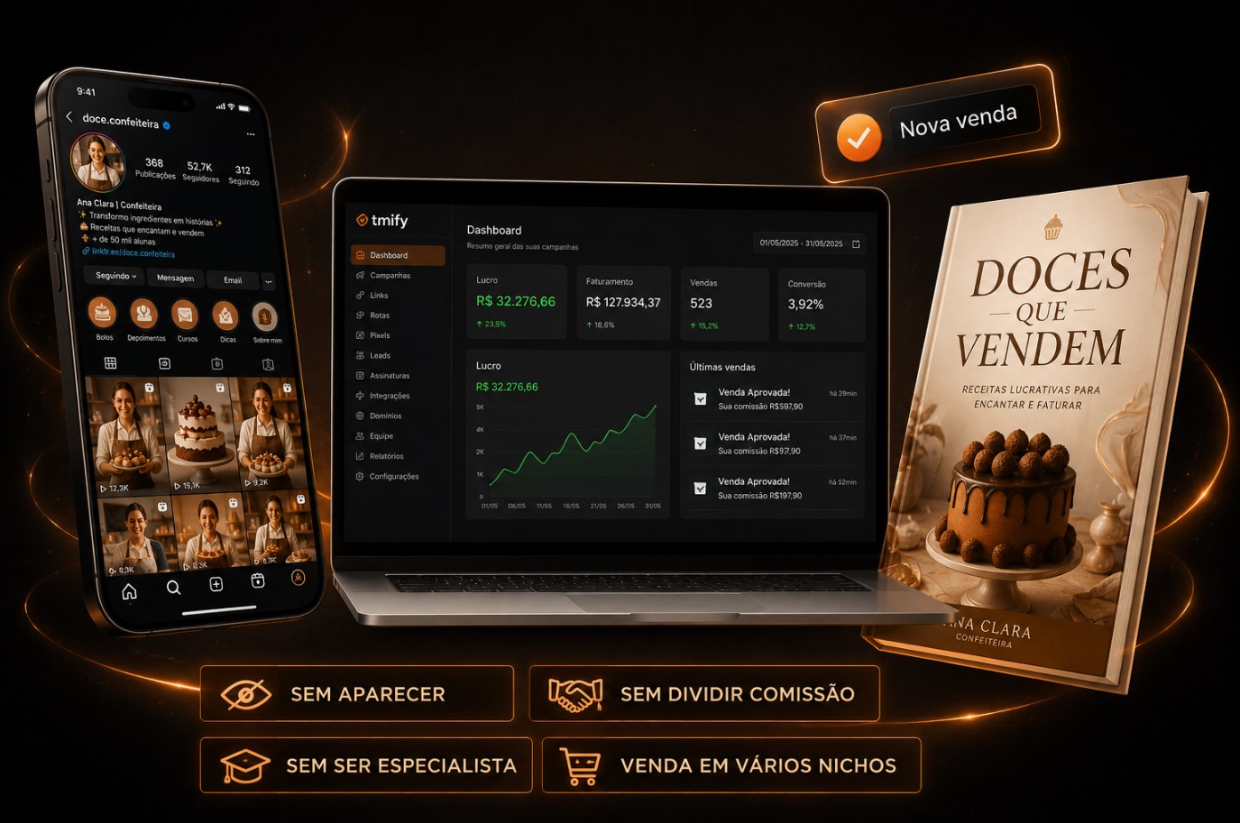 Influencer de IA de confeitaria ao lado do ebook que ela vende